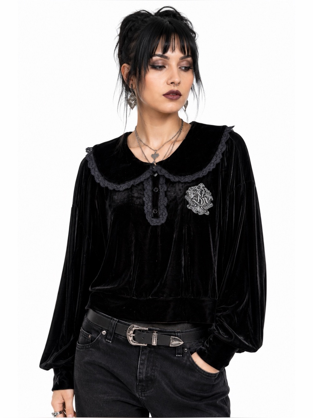 KILLSTAR Black Velvet Peter Pan Collar Lace Trimmed Blouse